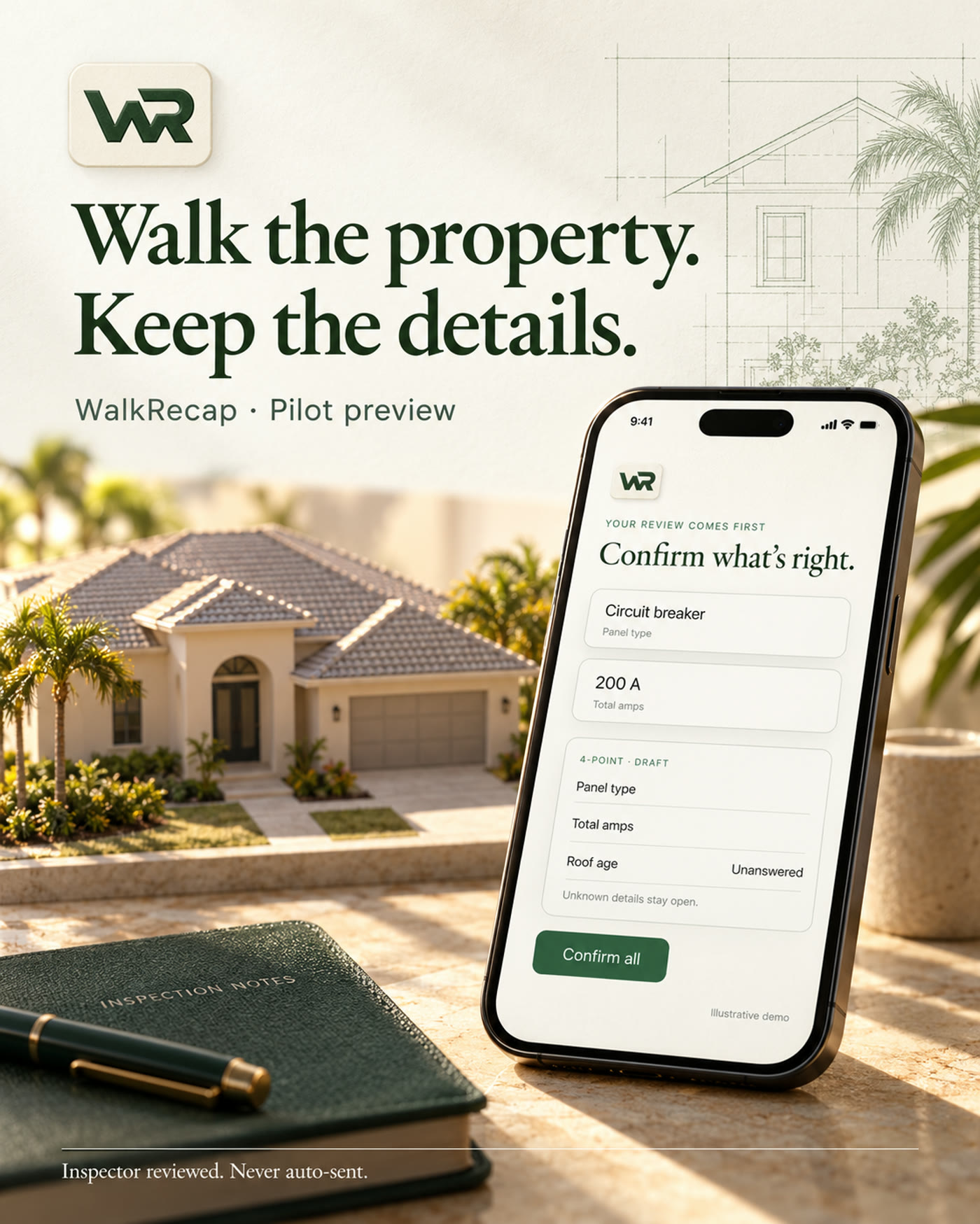 A phone on a stone ledge showing a WalkRecap review screen, with a Florida house and an inspection notebook beside it.