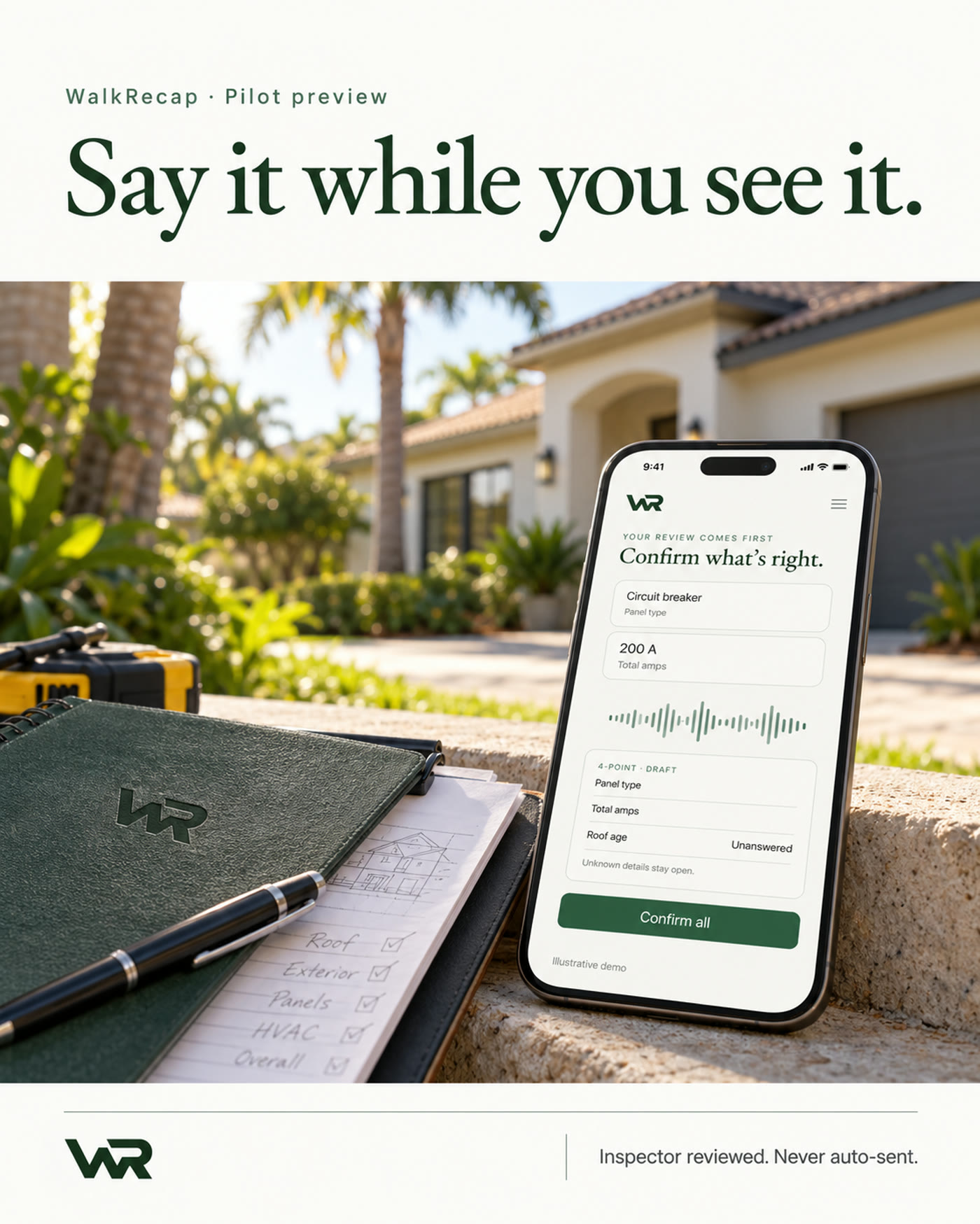 A phone showing a voice waveform on the WalkRecap review screen, beside handwritten inspection notes.