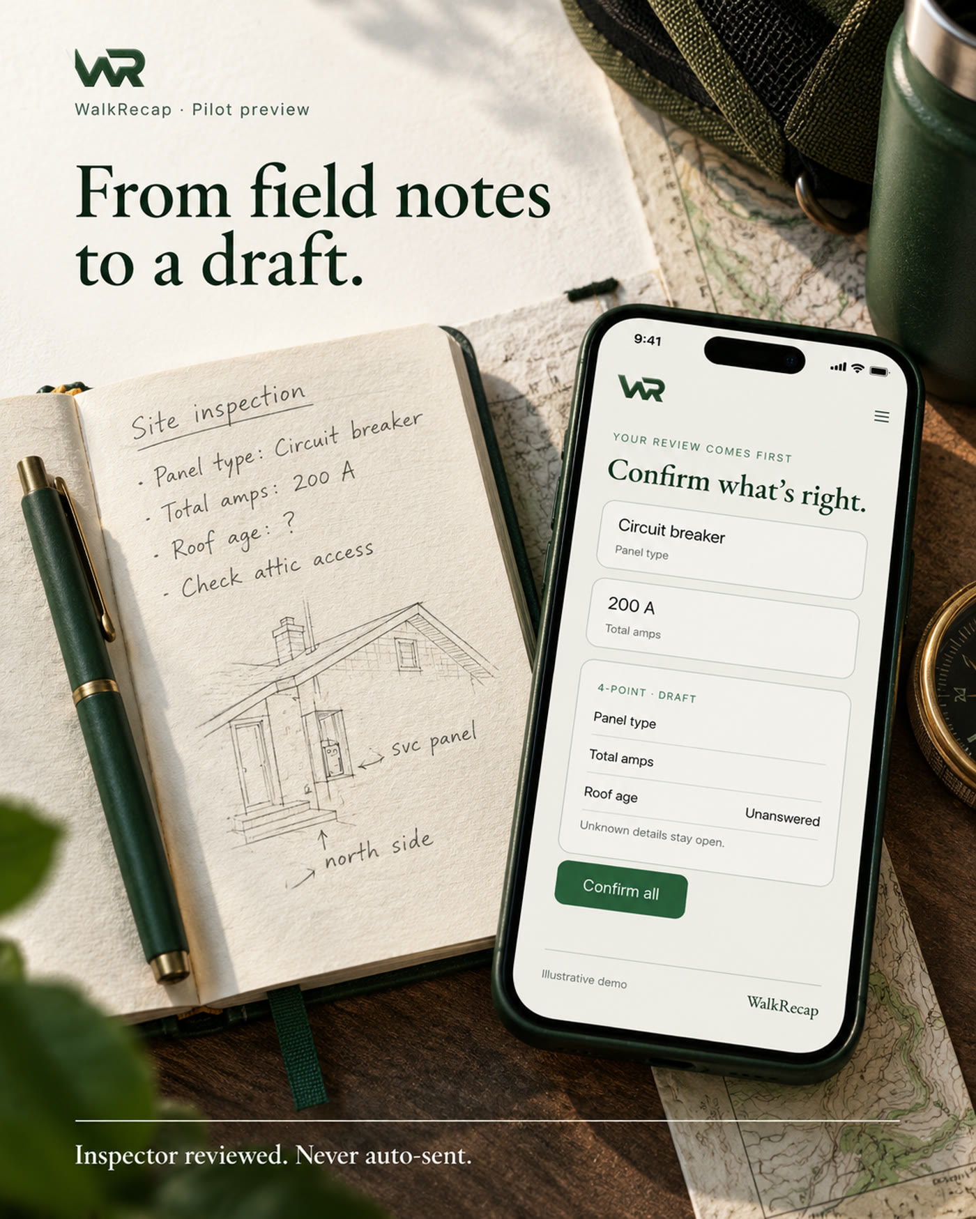 An open field notebook next to a phone showing the same panel notes inside WalkRecap.