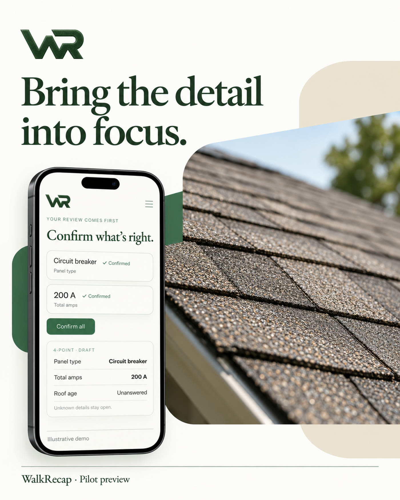 A phone showing confirmed electrical answers beside a close photograph of roof shingles.