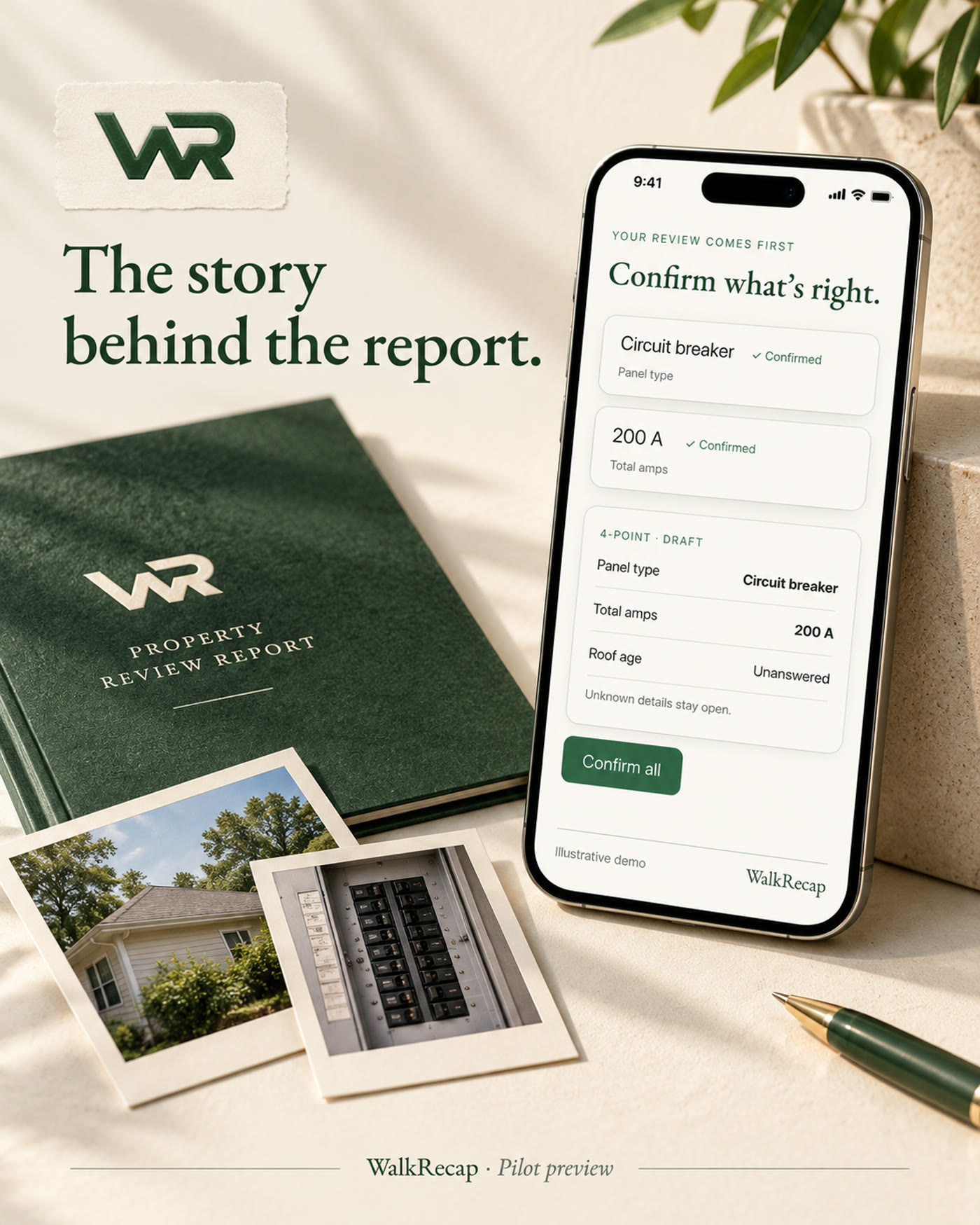 A property review book, two photographs, and a phone showing confirmed WalkRecap answers.